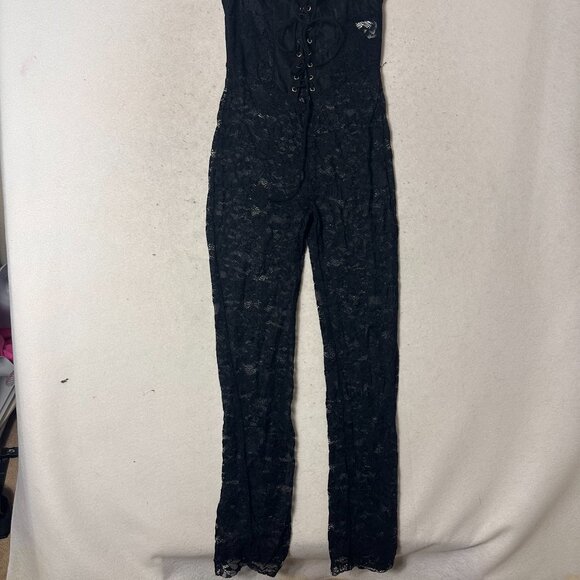 Jumpsuit Black Lace corset lace up top spaghetti straps sz M whimsigoth sexy - Picture 3 of 5